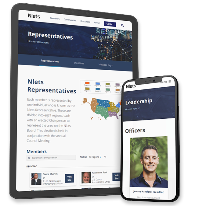 Tablet and phone screens of the NLETS website homepage