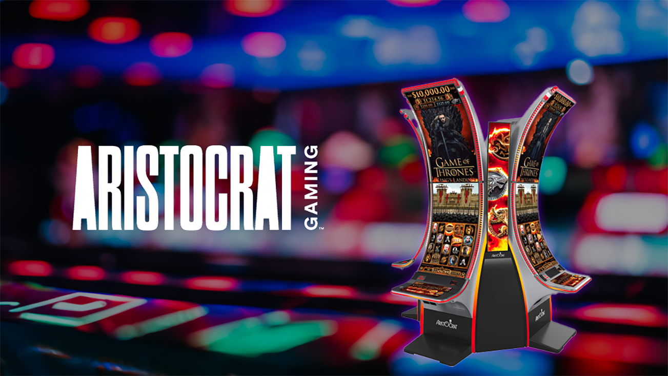 An Aristocrat gaming cabinet in front of a colorful background