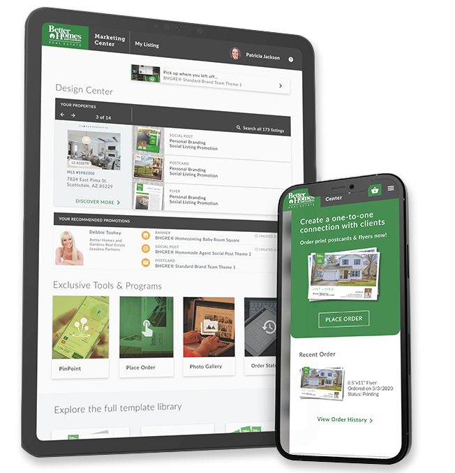 Tablet and phone screens of BHGRE Marketing center tool