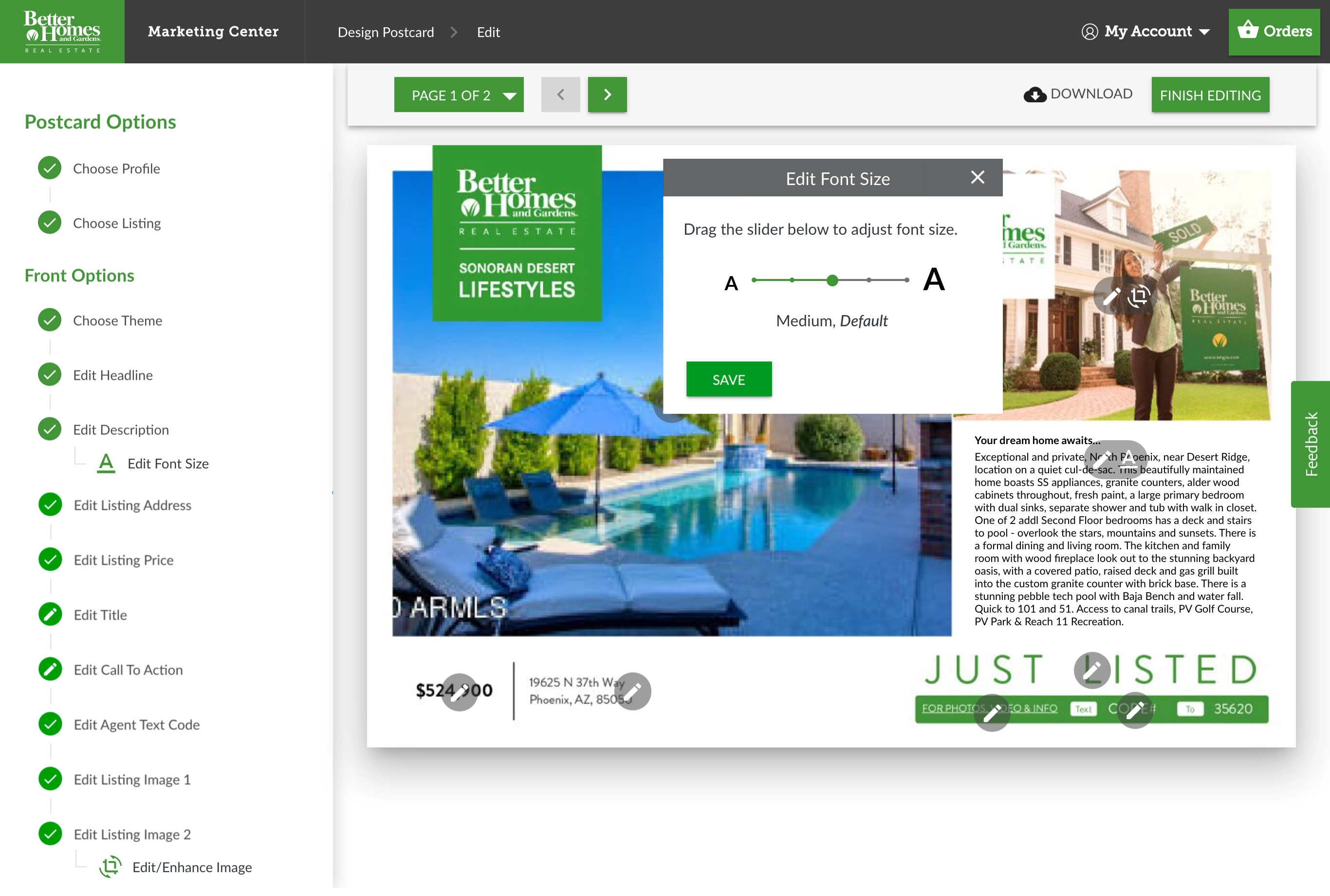 A screenshot of the BHGRE Marketing center app postcard function